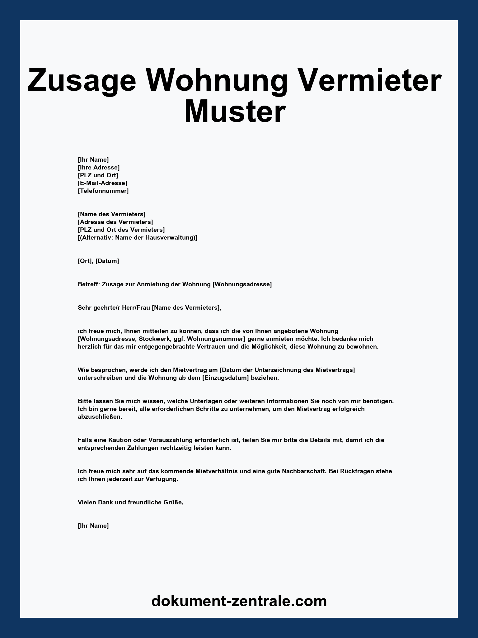 Zusage Wohnung Vermieter Muster